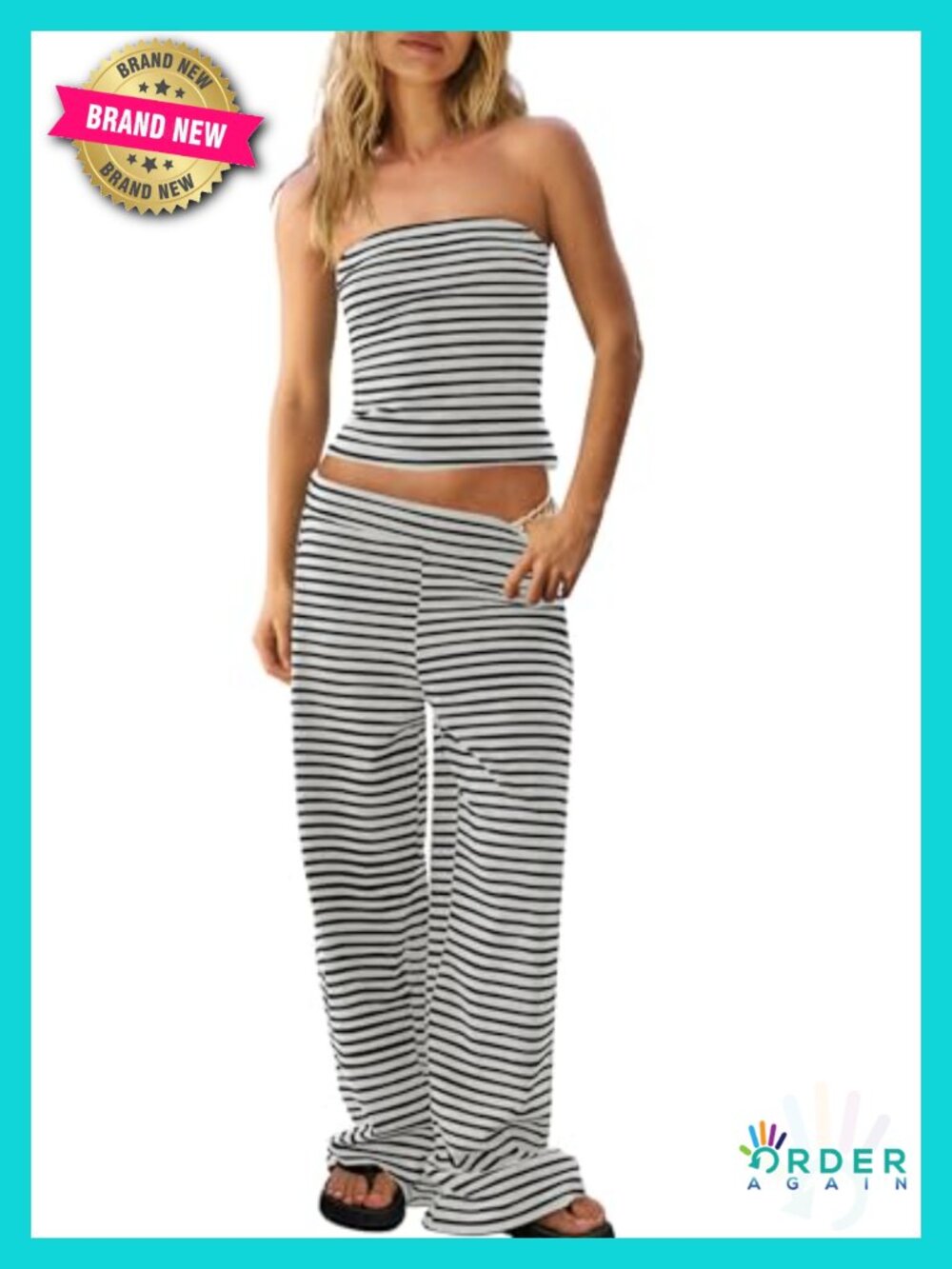 Striped Two Piece Lounge Set Tube Top & Wide Leg Pants Y2k Vacation Outfit